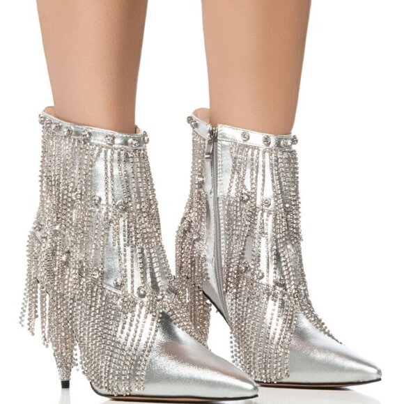 AZALEA WANG " DRIPPED DRAMA " DRIPPING DIAMONDS SILVER FRINGE BOOTIE(BRAND NEW ! - Picture 1 of 7